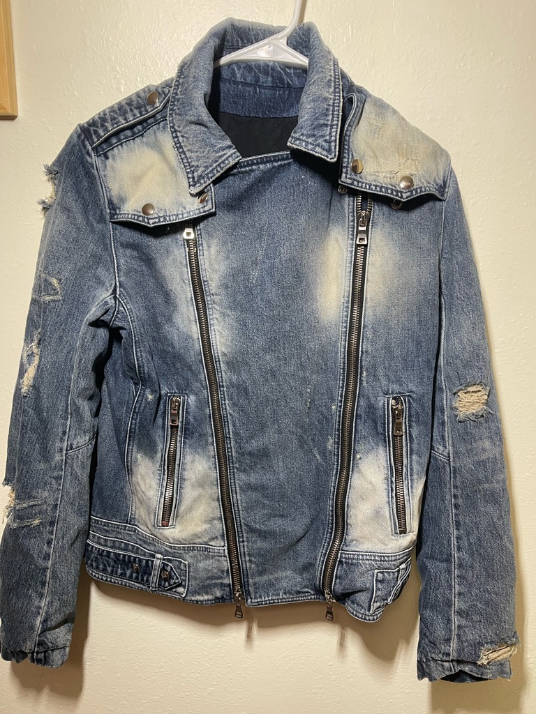 Balmain Paris Blue Distressed Destructed Denim Moto Biker Jacket Size L